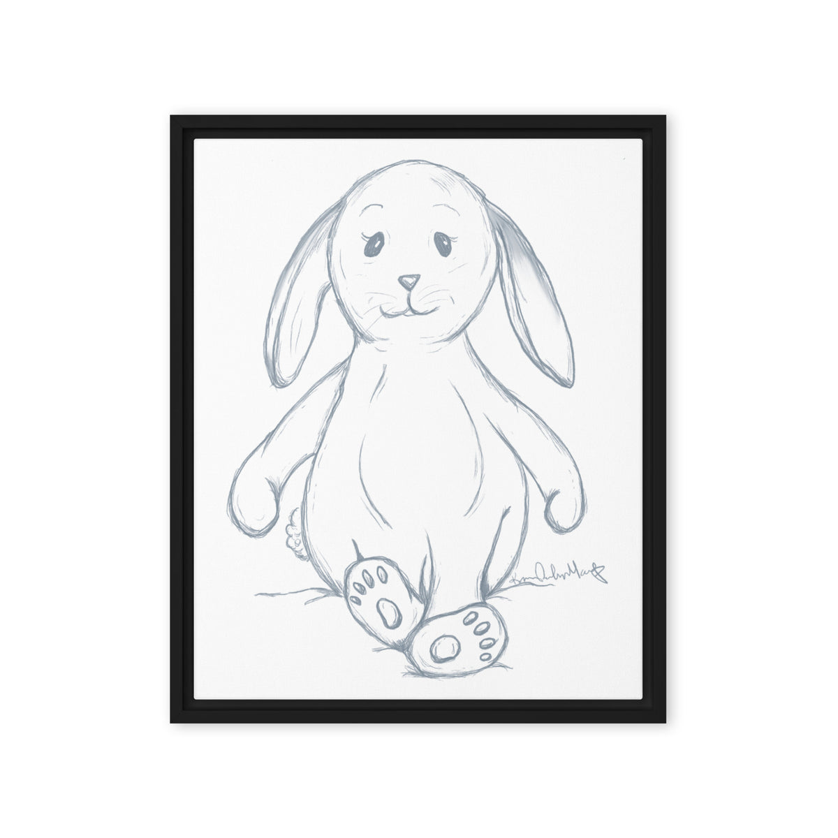 Framed black and white drawing of a rabbit on a white background