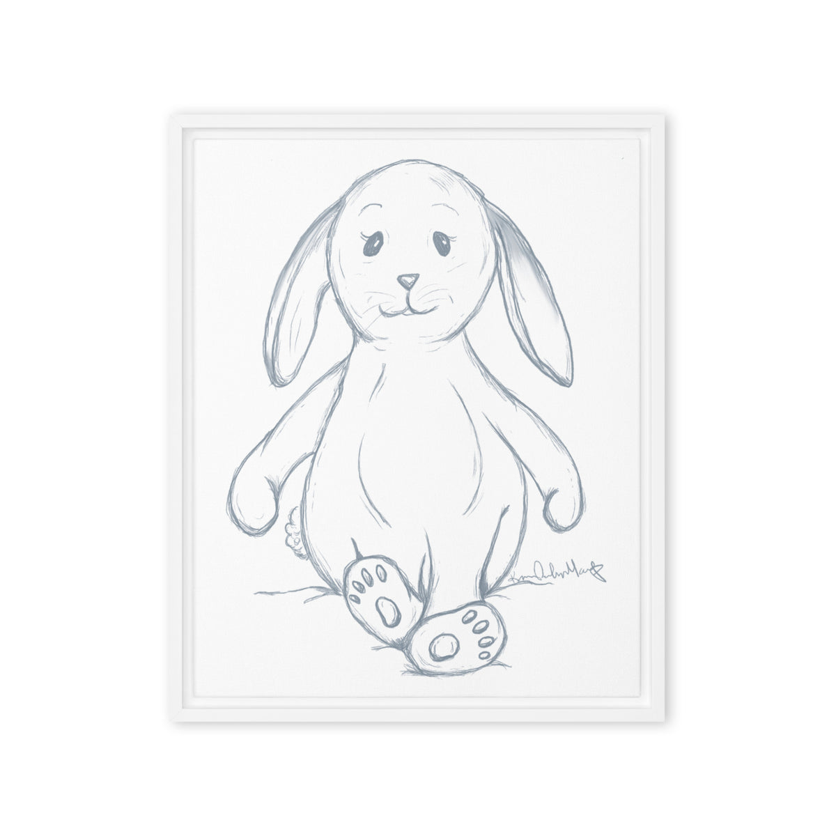 Framed line drawing of a cartoon bunny on a white background