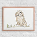 Lop the Bunny Print in wood framed on white wall. Nursery, Playroom Kid’s Room