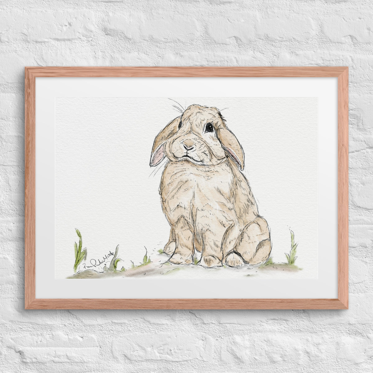 Lop the Bunny Print in wood framed on white wall. Nursery, Playroom Kid’s Room