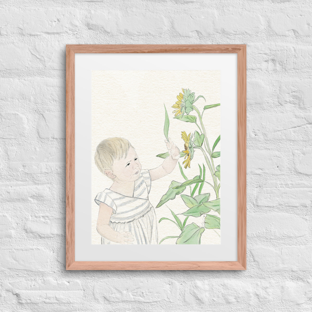 Nola with Sunflowers framed art print by Kimmie Palmer Mays. Wall art, nursery
